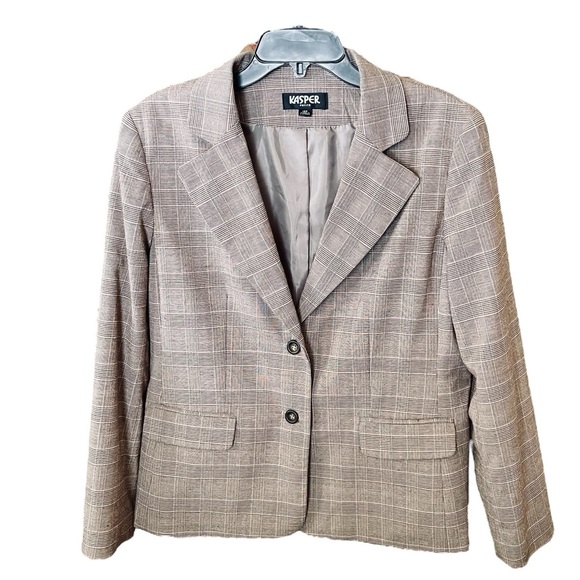 Kasper Petite women’s long sleeve plaid button blazer 12P brown tan fall office - Picture 1 of 11
